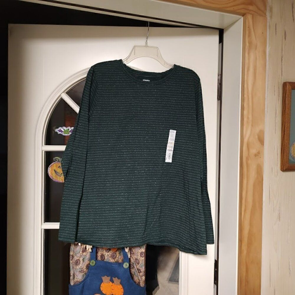 New Sonoma Everday Crew Tee Long Sleeve Green Silver Sparkly Striped Women's XXL